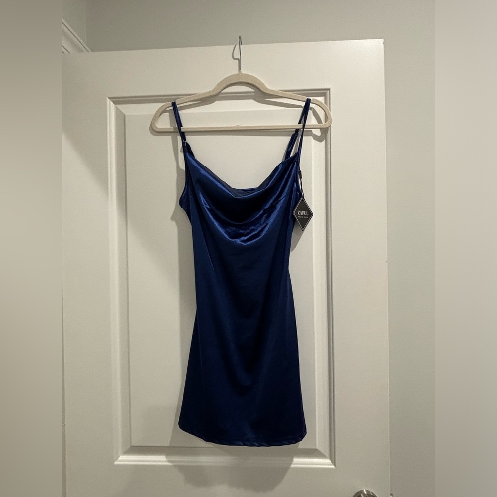Zaful Satin Spaghetti Strap Cowl Neck Mini Dress Navy Blue
